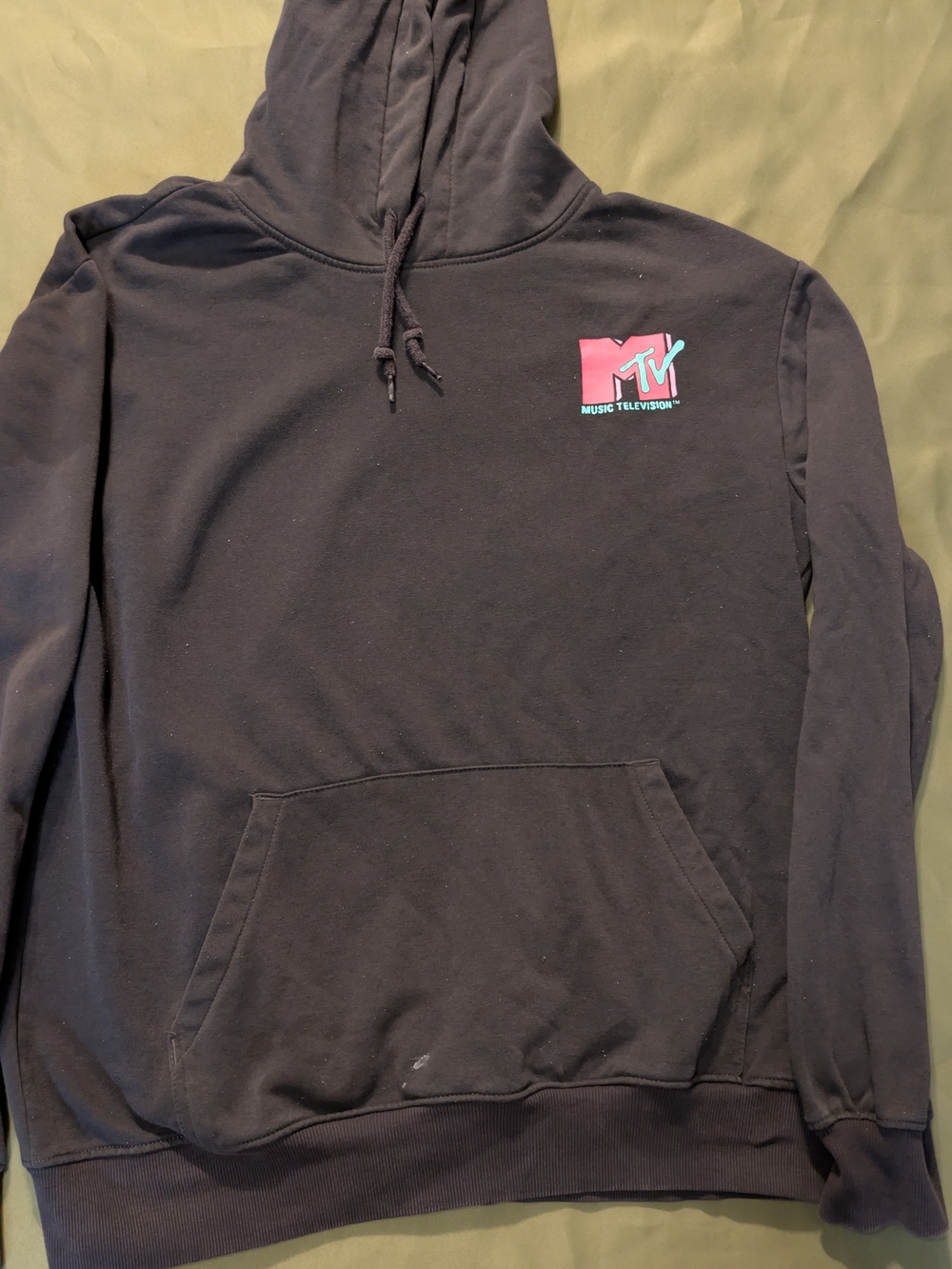 Distressed H&M Black Hoodie with Pink & Teal MTV Logo